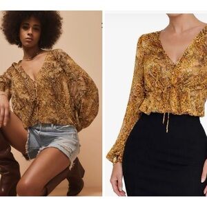 L'AGENCE Pixie Oversized Yellow Snake-Print V-Neck Peplum Blouse NEW
